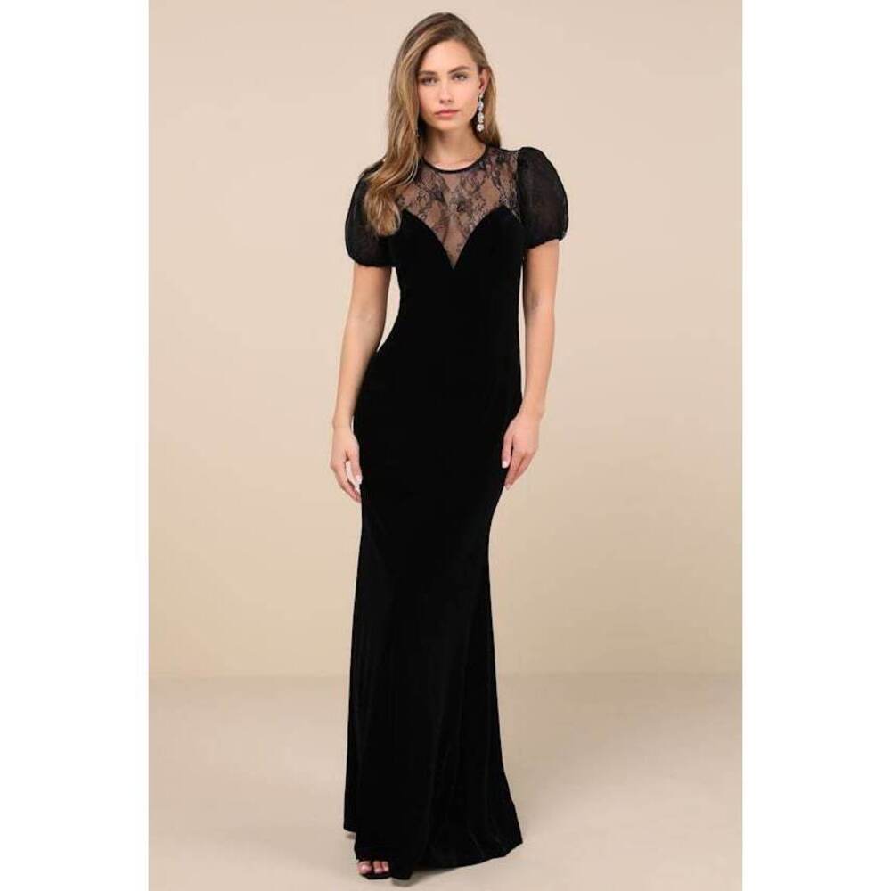 Lulus Alluring Event Black Velvet Lace Puff Sleeve Maxi Dress - Size L